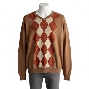 Northern Isles Mens Silk Cashmere Blend Sweater XXL Argyle Print V Neck Preppy